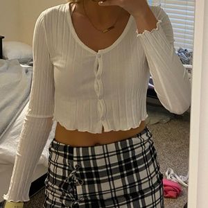 White Button Up Lettuce Hem Top